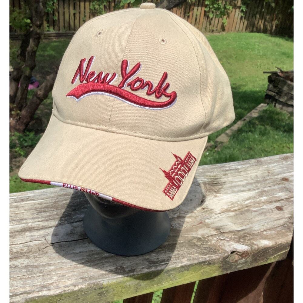 Ellis Island Hat New York Museum Tan Khaki Red Puffy Embroidery Dad Hat